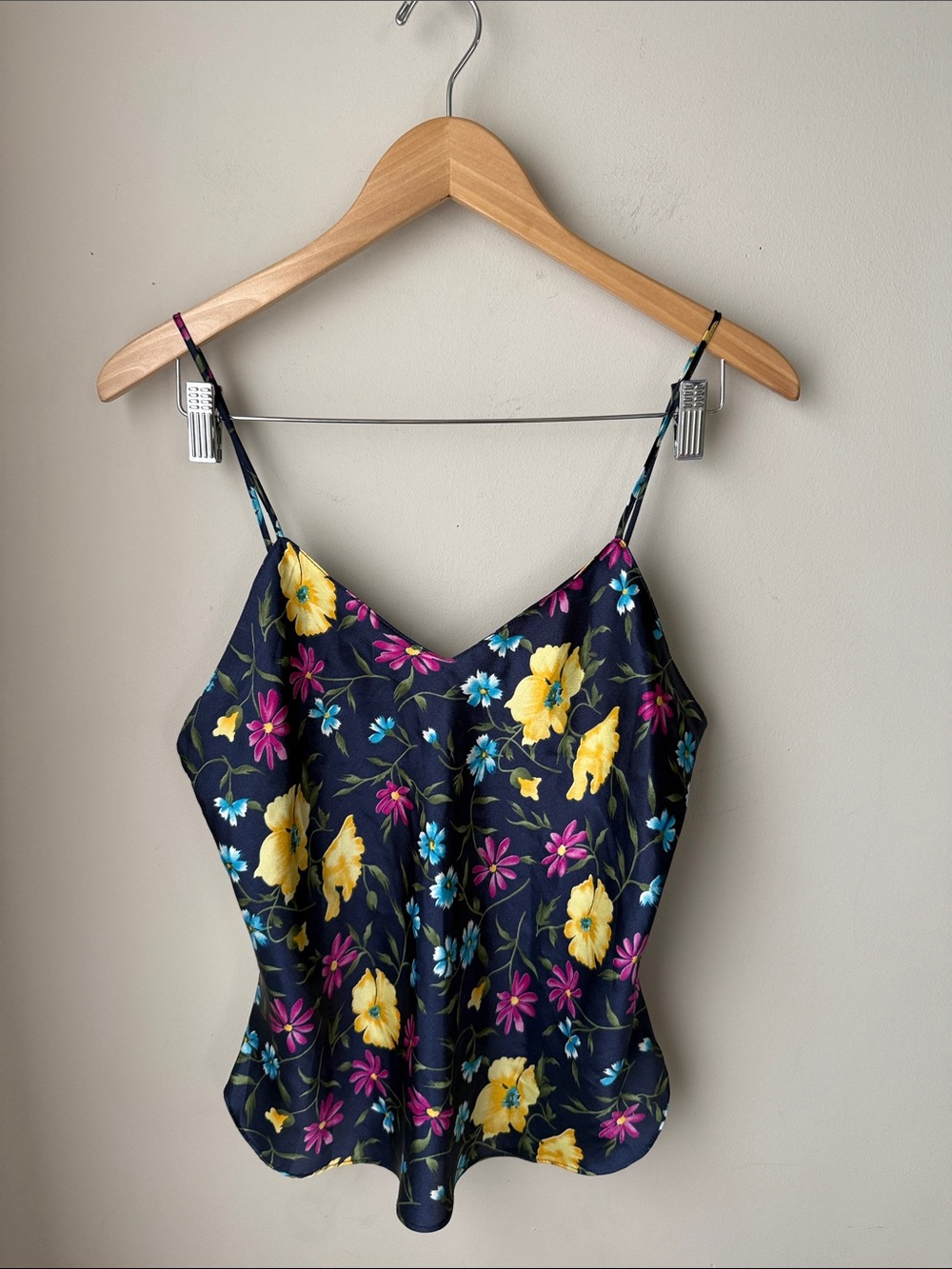Vintage Navy Floral Satin Camisole V Neck Tank Top Medium